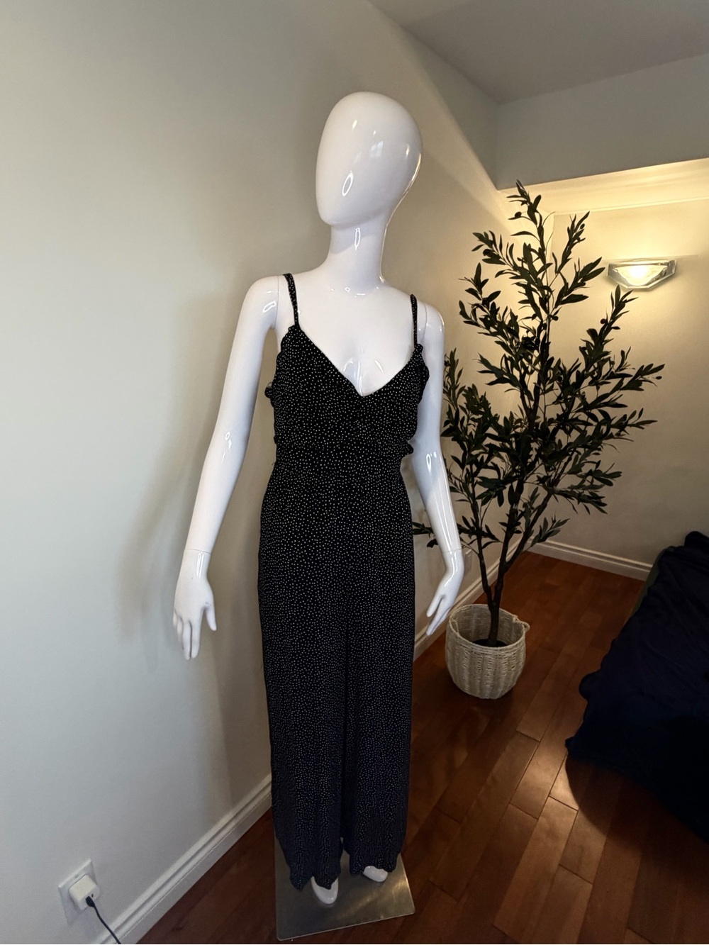 American Eagle Outfitters Black Dot Spaghetti-Strap Wide-Leg Jumpsuit M